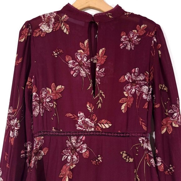 ASTR Kirsten High Neck Sheer Long Sleeve Mini Dress Wine Burgundy Red Medium - Picture 9 of 14